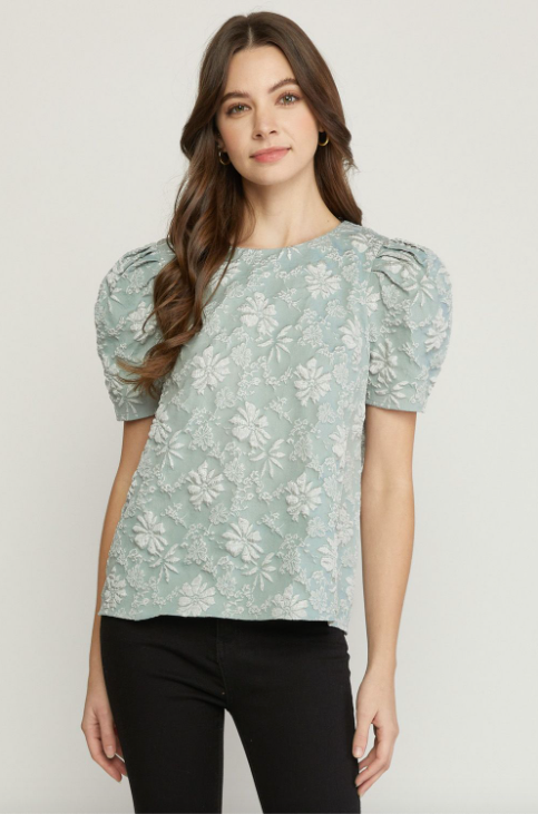 Floral Print Jacquard Puff Sleeve Top Sage Luco Boutique