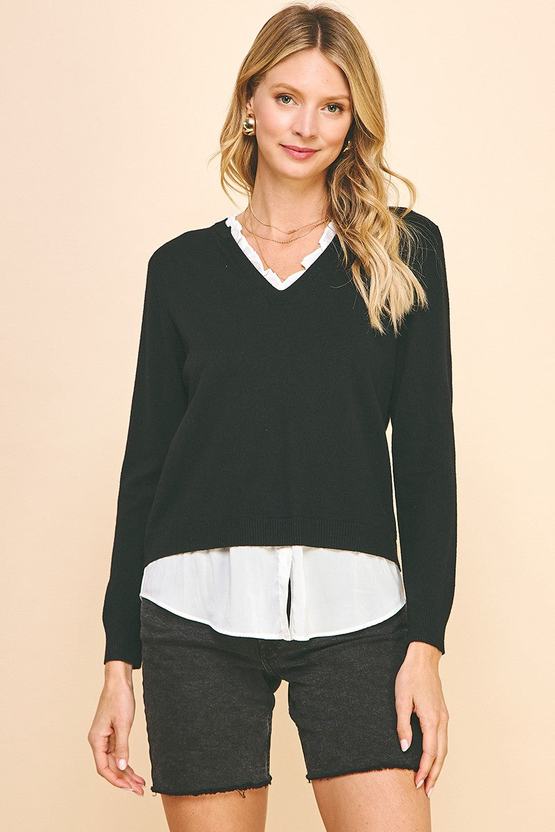 V-Neck Knit Combo Top Black