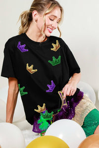 Mardi Gras Crown Short Sleeve Top Black