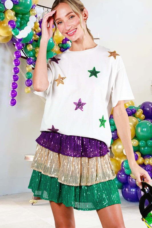 Mardi Gras Star Short Sleeve Top White