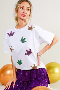 Mardi Gras Crown Short Sleeve Top White