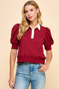 Collared Puff Sleeve Burgundy