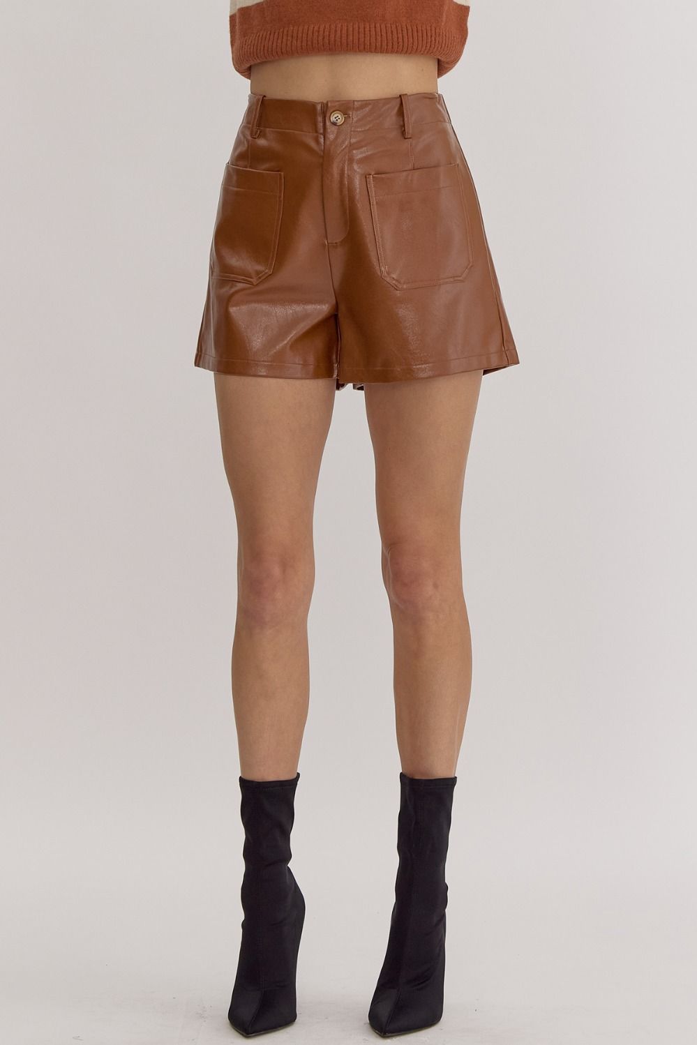 High Waisted Faux Leather Short Camel