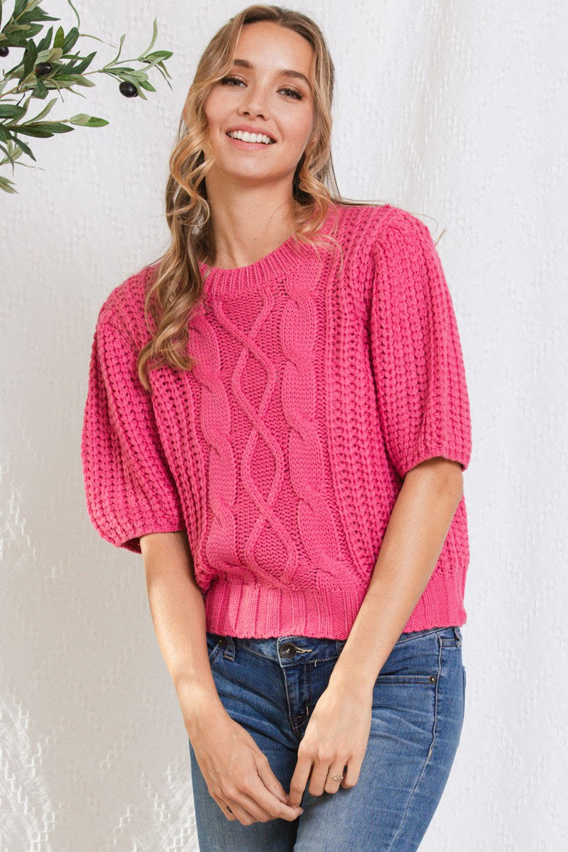 Puff Sleeve Cable Sweater Top Pink