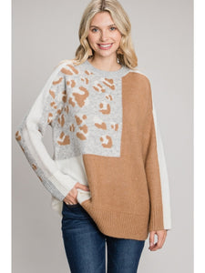 Leopard Color Block Sweater Taupe