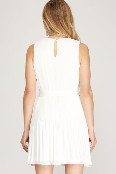 Sleeveless Pleated Woven Dress White